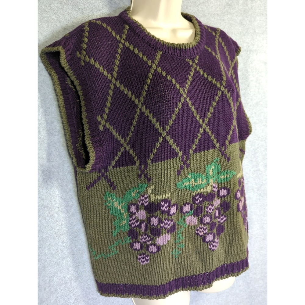 Vtg Herman Geist Sweater Vest L Hand Embroidered Purple Grapes Green Linen Blend